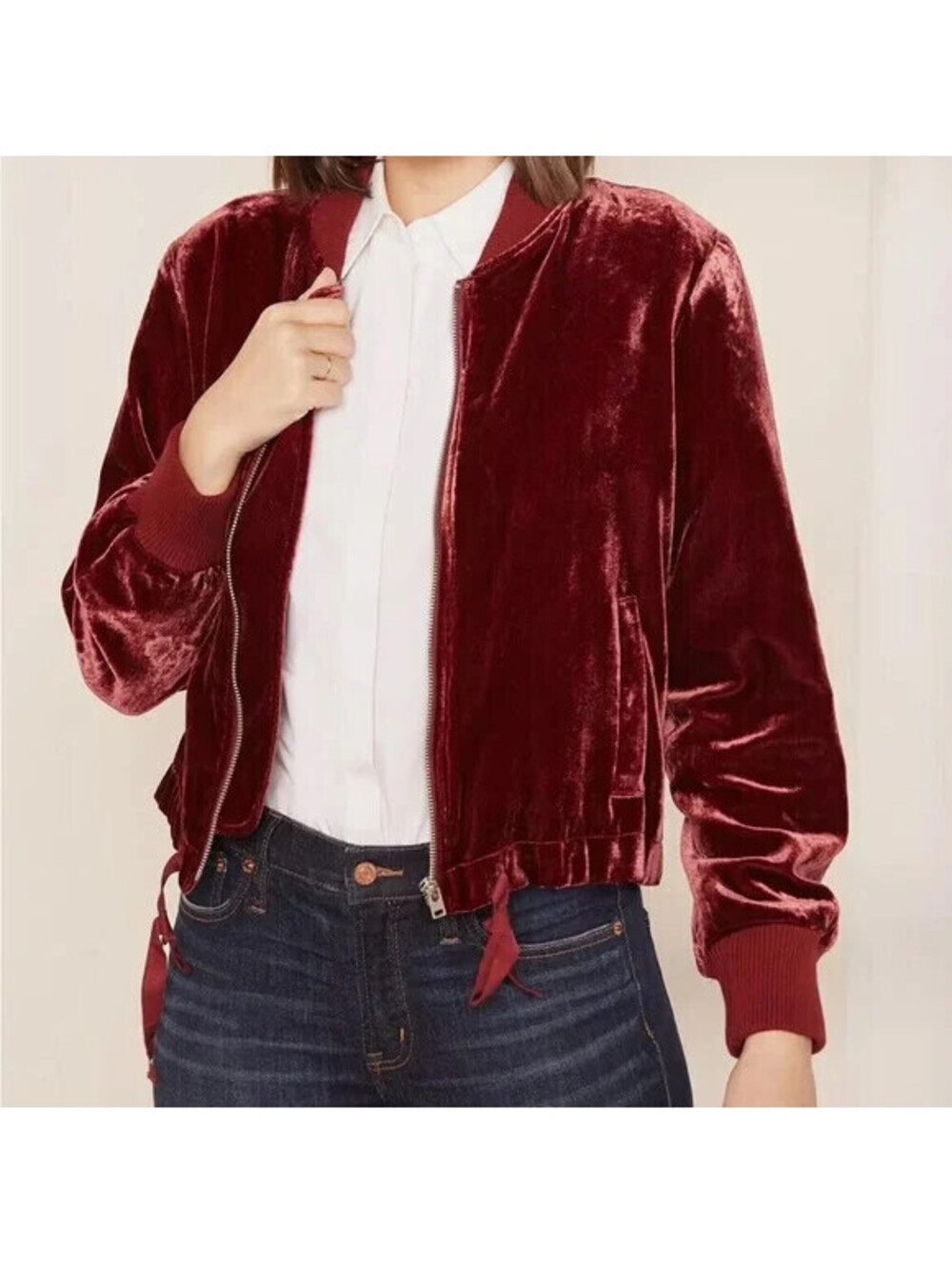J.Crew XS Burgundy Crushed Velvet Zip Front Bomber Jacket Leighton Meester EUC